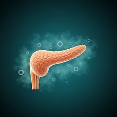 Autoimmune Pancreatitis (IgG4-RD), showing the pancreas surrounded by a diffuse "fog" of inflammation and immune markers, soft-focus, high-detail medical concept, deep blue-green background, 