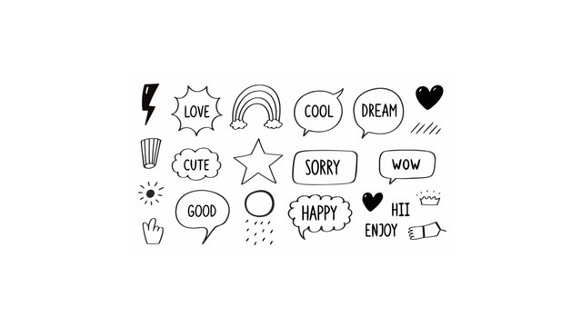 A collection of cute hand drawn doodles and emotional expression speech bubbles