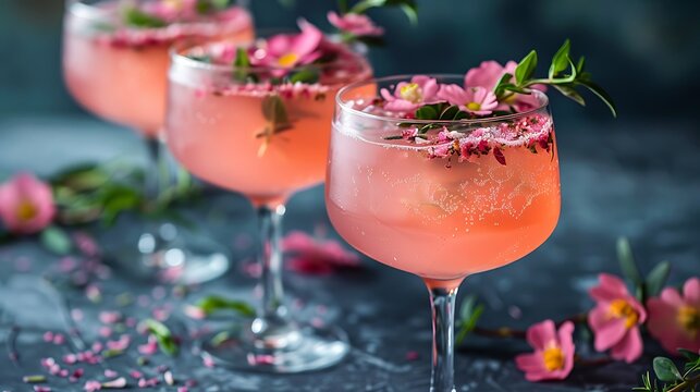 Refreshing Pink Cocktails Served In Elegant Glasses Garnished