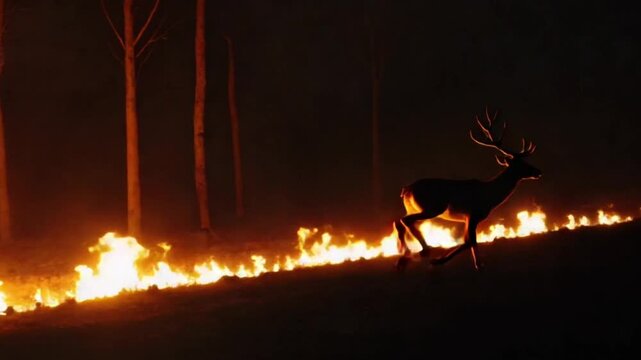 Silhouette of deer running through burning forest at night wildfire