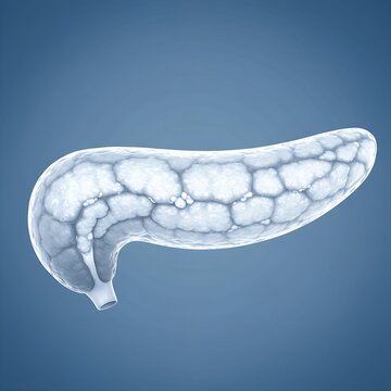 Chronic Pancreatitis Fibrosis, illustrating a shrunken, scarred, and hardened pancreas with white fibrotic tissue and calcifications, whole organ view, cool blue tones, 