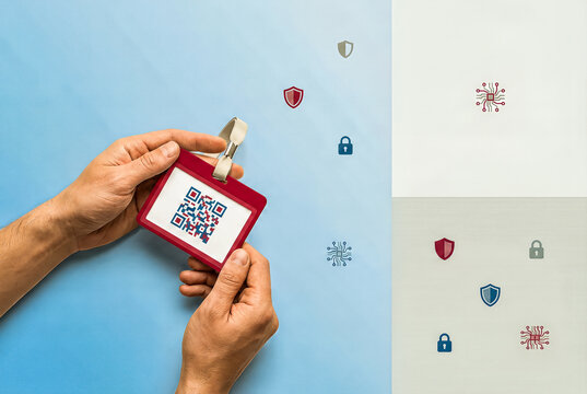 Hands holding ID badge with QR code for digital security access - Powered by Adobe