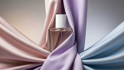 Elegant perfume bottle elegantly draped in flowing pastel silk fabric for a luxurious presentation