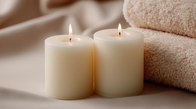 Two minimal pillar candles with towels in spa setting and soft light
