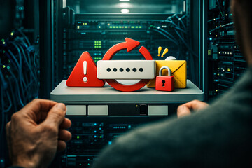 Password reset and account security alert in data center server room