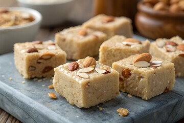 Macro shot of perfectly cut mava chikki cubes with dense khoya base and crunchy nuts inside captured in warm tones with shallow depth of field in high end mithai style - AI Generated