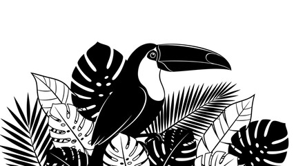 Fototapeta premium Black and White Toucan Bird Illustration with Tropical Leaves.