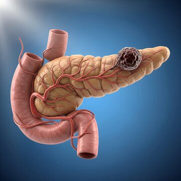 Pancreatic Adenocarcinoma growth visualized as a dark, irregular mass on the head of the pancreas, full organ view, high-detail medical illustration, volumetric lighting, blue gradient background,
