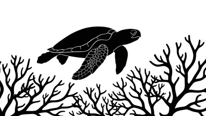 Black Silhouette of a Sea Turtle Swimming Underwater. © loxia stock image