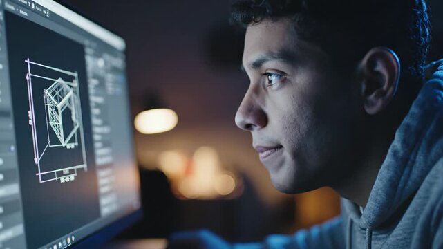 Young man creates 3D model on computer screen. Focused work on engineering project late at night. Concept for technology business.
