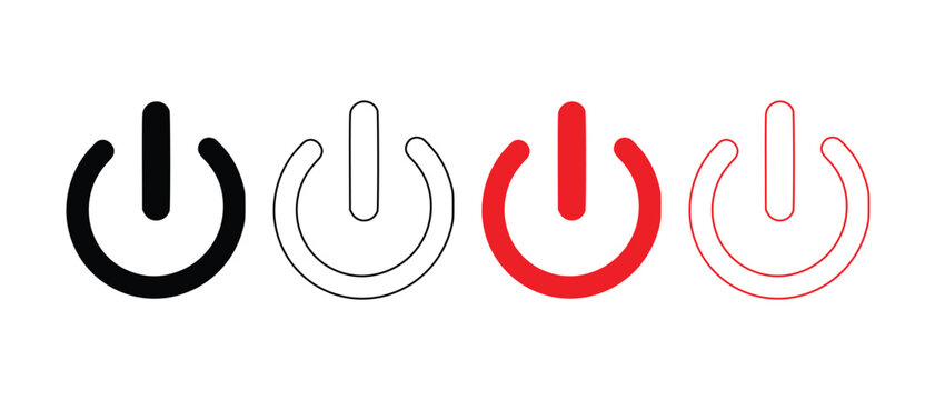 Collection of power on and off buttons in black and red colors for user interface design