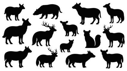 Fototapeta premium Collection of various animal silhouettes including deer, boar, and other mammals in different poses.