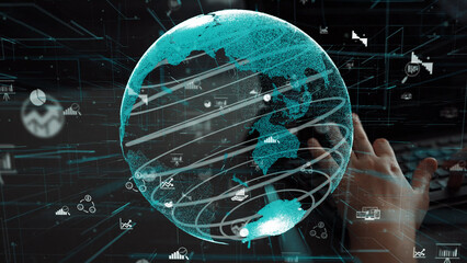 Modern depiction of a globe with a digital interface displaying various data metrics and business icons, symbolizing technology impact on global connectivity and analytics. Xenic