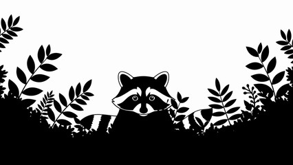 Naklejka premium Cute Raccoon Peeking Through Foliage Black and White Illustration.