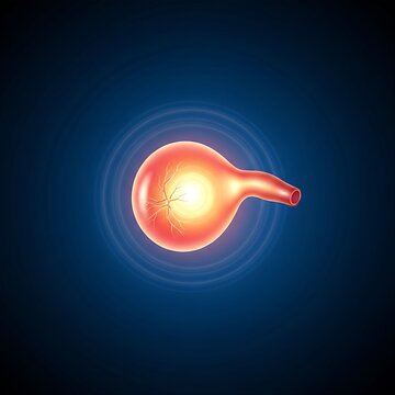 Acute Cholecystitis: A glowing, balloon-like gallbladder, about to rupture with internal pressure lines visible, surrounded by a subtle area of swirling pain energy. Deep blue background, dramatic lig