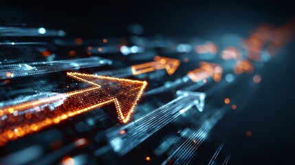 Digitized arrows, in shades of blue and orange, streak across a dark background. The glowing, leading arrow is sharp