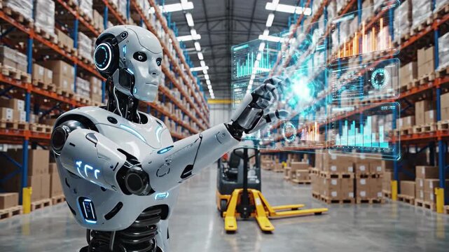 Futuristic android robot interacting with holographic data interface in modern warehouse logistics, 4k high quality video