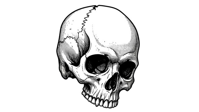 Detailed Hand-Drawn Human Skull Illustration with Shading and Texture.