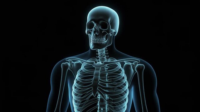 Anatomical illustration of a human skeleton, showing the rib cage, skull, and shoulders in a detailed X-ray style against a black background, ideal for medical or scientific presentations