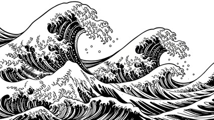 Fototapeta premium Dynamic Ocean Waves Hand Drawn Illustration in Traditional Japanese Art Style.