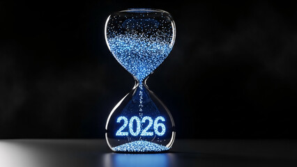 Glowing blue hourglass counting down to 2026 on dark background