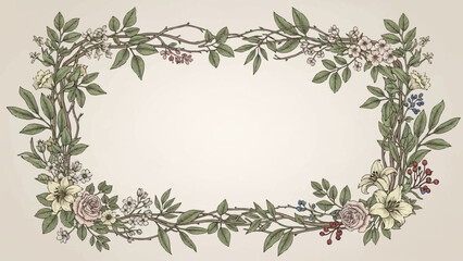 Fototapeta premium Elegant Floral Border with Delicate Flowers and Green Leaves.