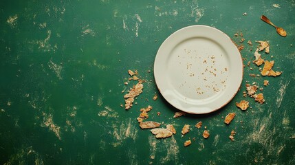 Empty Plate Crumbs Green Background.