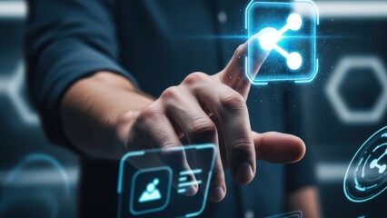 Man interacting with glowing blue digital hand finger digital glowing blue technology