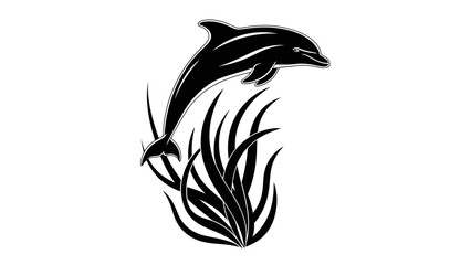 Obraz premium Graceful Dolphin Leaping Above Stylized Underwater Plants Silhouette.