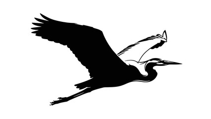 Graceful Heron in Flight Silhouette Against White Background.