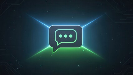 Neon green and blue glowing chat on dark background with circuit lines speech bubble