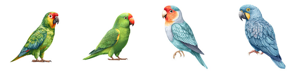 Fototapeta premium Watercolor Parrots: Colorful Tropical Birds Illustrations on White