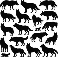 Obraz premium Black silhouettes of wolves in various poses on white background 1