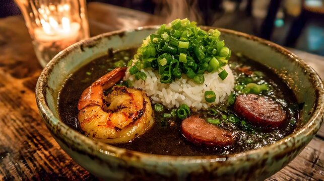 Hearty shrimp and sausage gumbo with rice and green onions in bowl