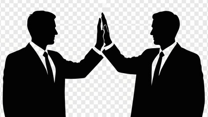 Two businessmen in suits give a high-five gesture with their hands in a celebratory atmosphere.