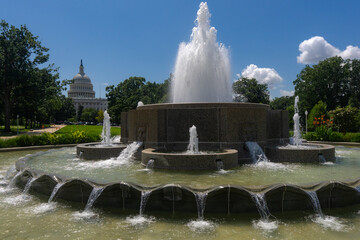 Capitol dome against blue sky. Washington DC federal landmark. United States Capitol architecture....