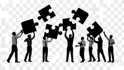Business team working together to assemble puzzle pieces in office setting with collaboration and teamwork