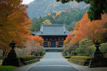 A serene temple nestled amidst a tranquil forest, its traditional architecture exuding an aura of peace and tranquility.
