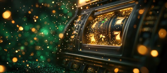 Lucky Seven Slot Machine Win, Casino Game, Glitter Background, Festive