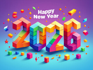 Happy new year 2026 colorful 3D blocks and festive decorations