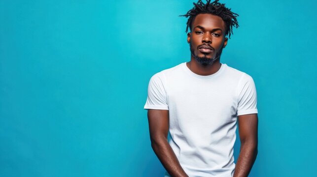 Man in White TShirt on Blue Background.