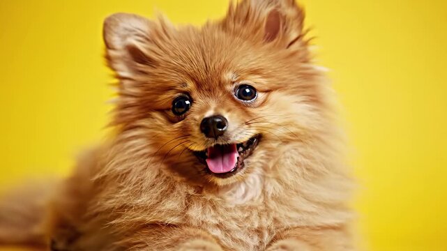 Happy pomeranian dog portrait on bright yellow background, 4k high quality video