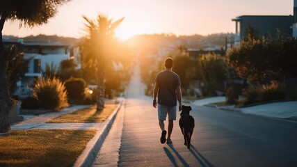 A person and his dog stroll through a modern residential area as the sun sets, casting long shadows. The scene captures relaxation, companionship, and the beauty of everyday moments outdoors