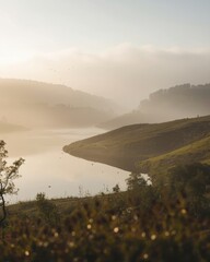 Serene mountain lake at dawn