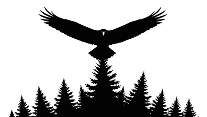 Obraz premium Silhouette of a majestic eagle soaring above a dense forest canopy.