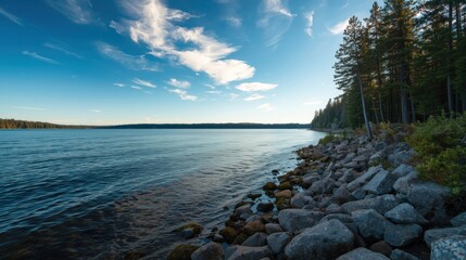 Serene lakeside shoreline with rocky beach
