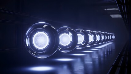 Futuristic sci-fi corridor with a row of glowing blue energy spheres floating in a dark tunnel
