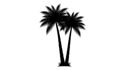 Silhouette of two tropical palm trees with lush fronds standing together.