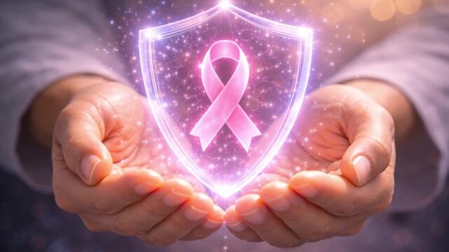 Pink ribbon shield hologram over cupped hands symbolizing medical health technology protection awareness compassion healing empowerment longevity biohacking cancer prevention support hope