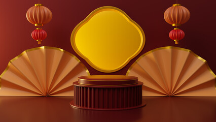 Chinese new year and Product display for display concept.Red podium display mockup on red abstract background with hand paper fan.3d rendering geometric shape.minimal abstract background,copy space